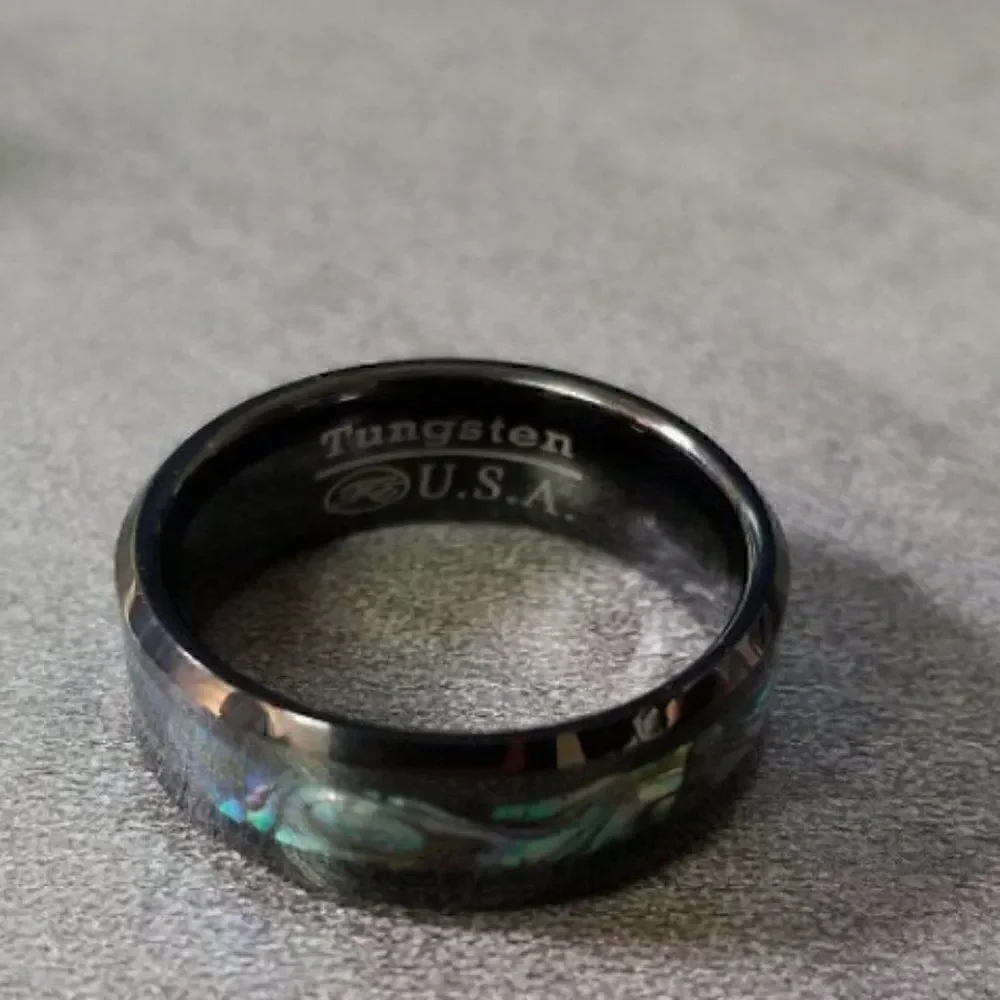 Men's Real Black Tungsten Promise Ring With Abalone Shell Inlay